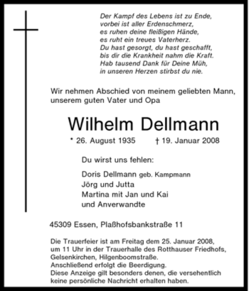 Traueranzeige von Wilhelm Dellmann von Tageszeitung