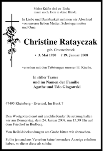 Traueranzeige von Christine Ratayczak von Tageszeitung