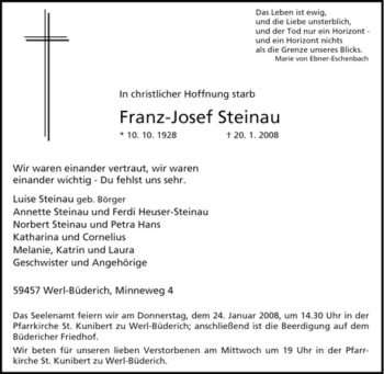 Traueranzeige von Franz-Josef Steinau von Tageszeitung