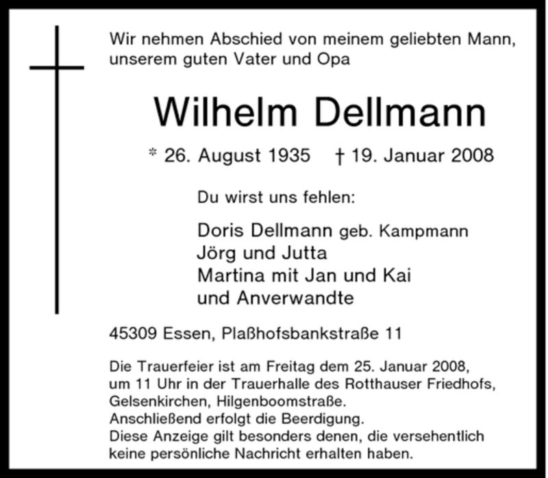  Traueranzeige für Wilhelm Dellmann vom 22.01.2008 aus Tageszeitung