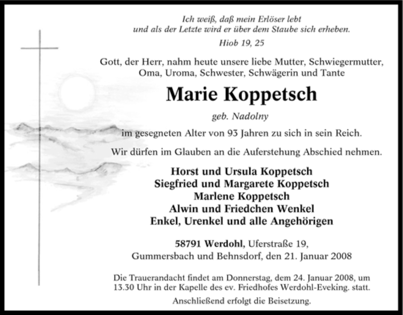  Traueranzeige für Marie Koppetsch vom 22.01.2008 aus Tageszeitung