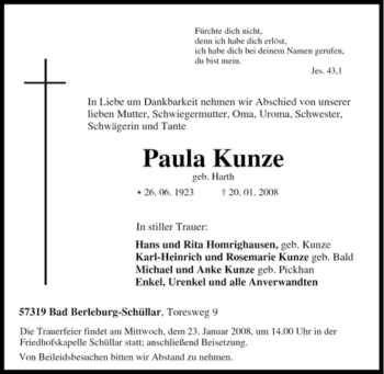 Traueranzeige von Paula Kunze von Tageszeitung