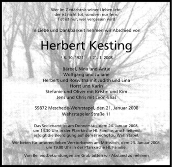Traueranzeige von Herbert Kesting von Tageszeitung