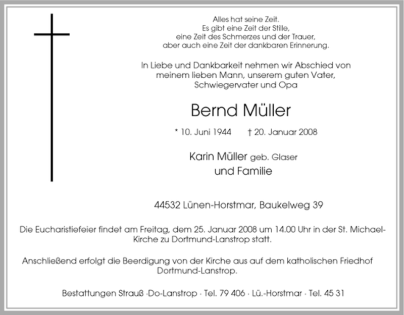  Traueranzeige für Bernd Müller vom 22.01.2008 aus Tageszeitung