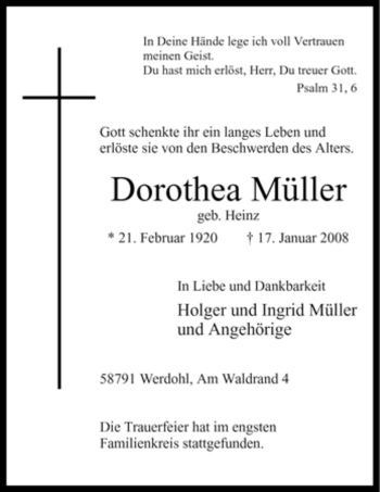 Traueranzeige von Dorothea Müller von Tageszeitung