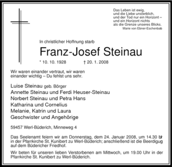 Traueranzeige von Franz-Josef Steinau von Tageszeitung