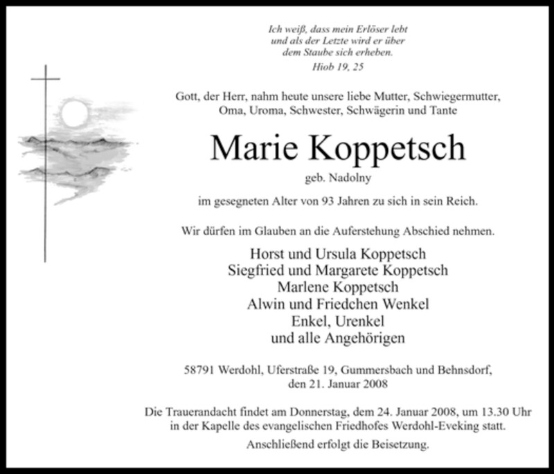  Traueranzeige für Marie Koppetsch vom 22.01.2008 aus Tageszeitung