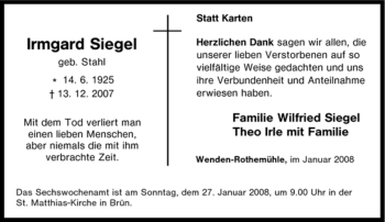 Traueranzeige von Irmgard Siegel von Tageszeitung