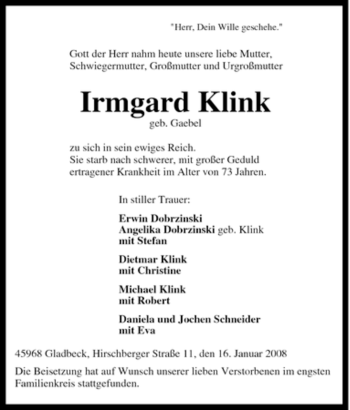 Traueranzeige von Irmgard Klink von Tageszeitung