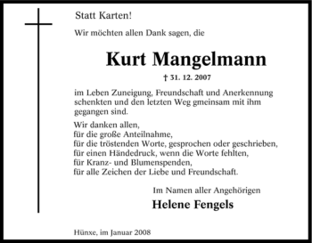 Traueranzeige von Kurt Mangelmann von Tageszeitung