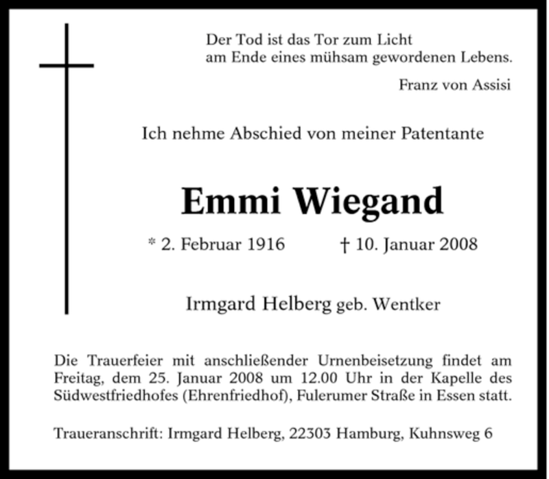  Traueranzeige für Emmi Wiegand vom 23.01.2008 aus Tageszeitung