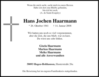 Traueranzeige von Hans Jochen Haarmann von Tageszeitung