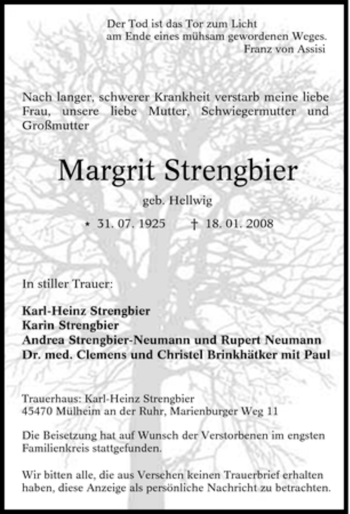 Traueranzeige von Margrit Strengbier von Tageszeitung