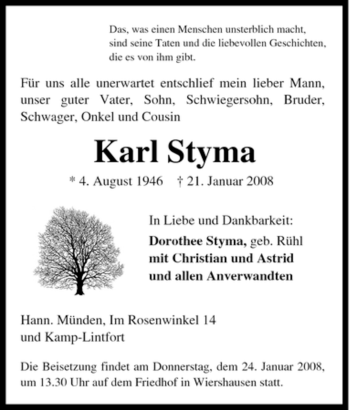 Traueranzeige von Karl Styma von Tageszeitung
