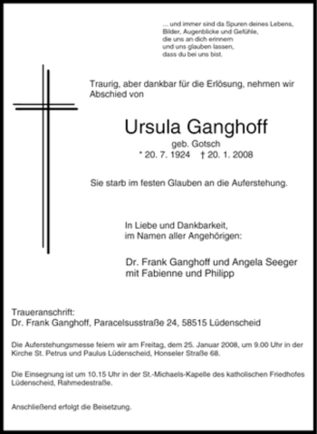Traueranzeige von Ursula Ganghoff von Tageszeitung