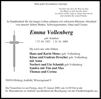Traueranzeige von Emma Vollenberg von Tageszeitung