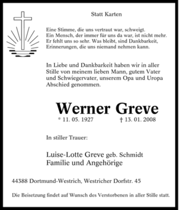 Traueranzeige von Werner Greve von Tageszeitung