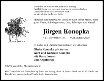 Traueranzeige von Jürgen Konopka von Tageszeitung