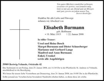 Traueranzeige von Elisabeth Burmann von Tageszeitung