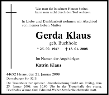 Traueranzeige von Gerda Klaus von Tageszeitung
