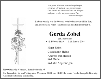 Traueranzeige von Gerda Zobel von Tageszeitung