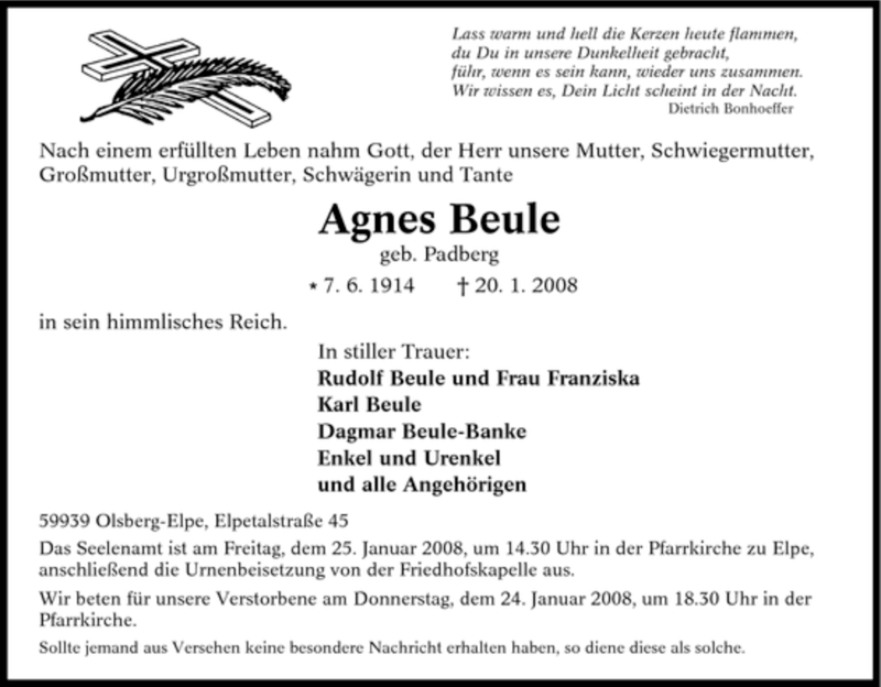  Traueranzeige für Agnes Beule vom 23.01.2008 aus Tageszeitung
