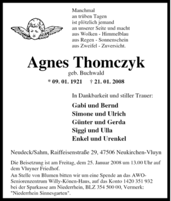 Traueranzeige von Agnes Thomczyk von Tageszeitung
