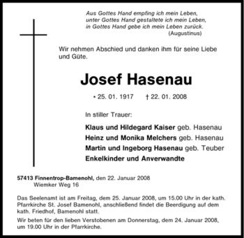 Traueranzeige von Josef Hasenau von Tageszeitung