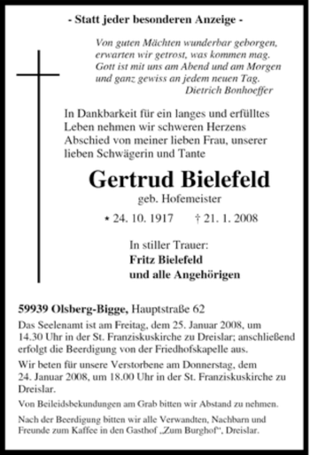 Traueranzeige von Gertrud Bielefeld von Tageszeitung