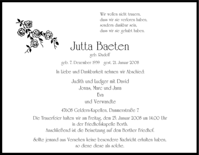  Traueranzeige für Jutta Baeten vom 23.01.2008 aus Tageszeitung