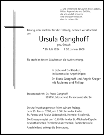 Traueranzeige von Ursula Ganghoff von Tageszeitung