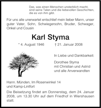 Traueranzeige von Karl Styma von Tageszeitung