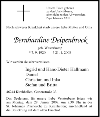 Traueranzeige von Bernhardine Deipenbrock von Tageszeitung