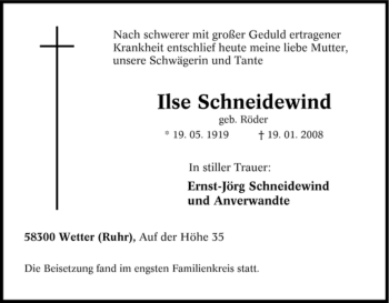 Traueranzeige von Ilse Schneidewind von Tageszeitung
