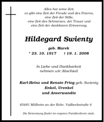 Traueranzeige von Hildegard Swienty von Tageszeitung