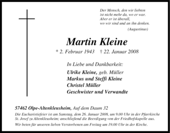 Traueranzeige von Martin Kleine von Tageszeitung