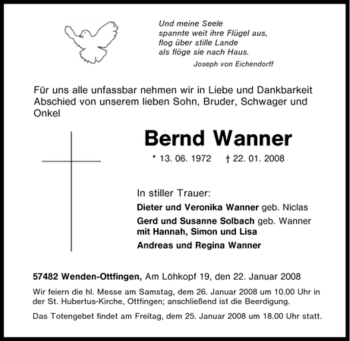 Traueranzeige von Bernd Wanner von Tageszeitung