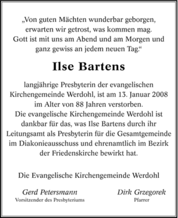Traueranzeige von Ilse Bartens von Tageszeitung