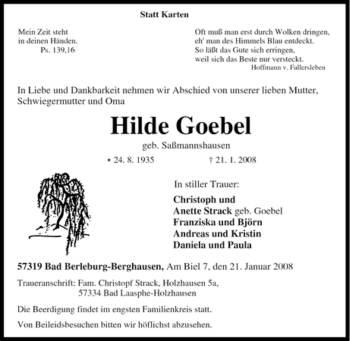 Traueranzeige von Hilde Goebel von Tageszeitung
