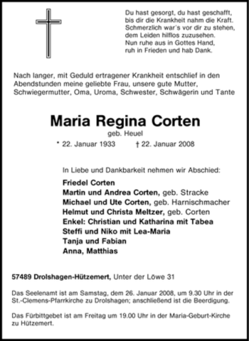 Traueranzeige von Maria Regina Corten von Tageszeitung