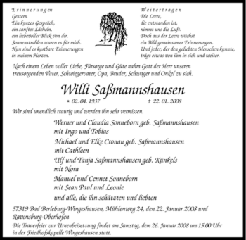 Traueranzeige von Willi Saßmannshausen von Tageszeitung