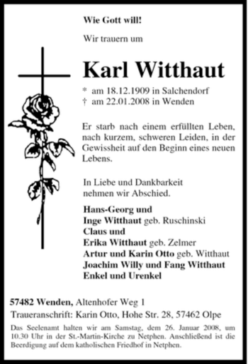 Traueranzeige von Karl Witthaut von Tageszeitung