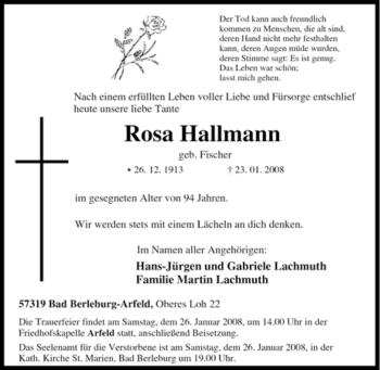 Traueranzeige von Rosa Hallmann von Tageszeitung