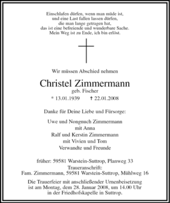 Traueranzeige von Christel Zimmermann von Tageszeitung