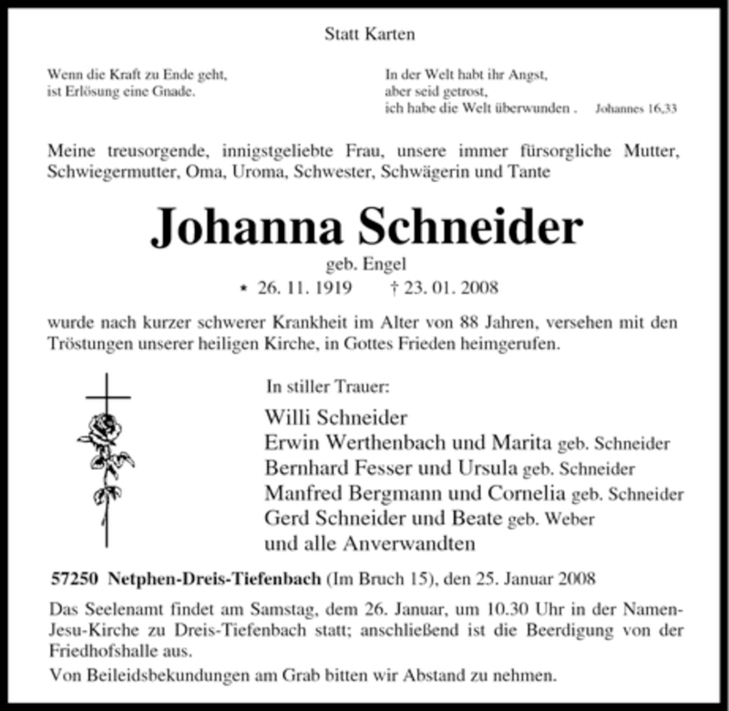  Traueranzeige für Johanna Schneider vom 25.01.2008 aus Tageszeitung