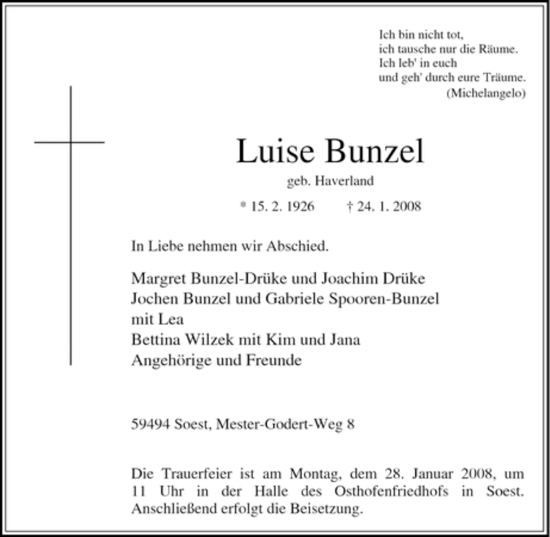  Traueranzeige für Luise Bunzel vom 25.01.2008 aus Tageszeitung