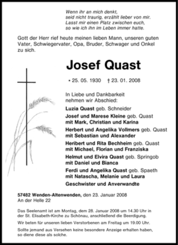 Traueranzeige von Josef Quast von Tageszeitung