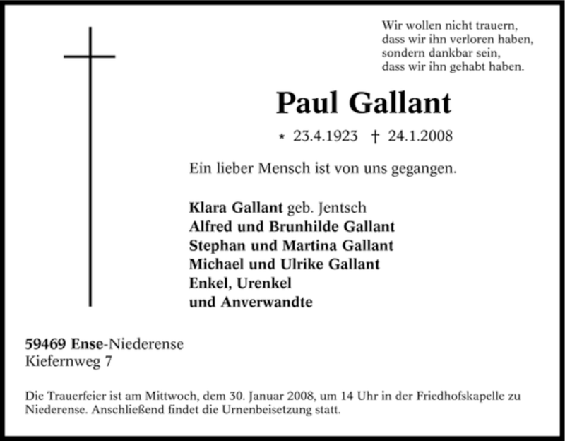  Traueranzeige für Paul Gallant vom 25.01.2008 aus Tageszeitung