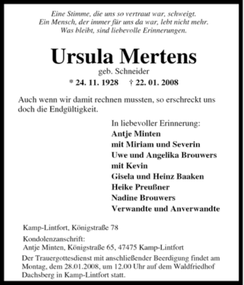 Traueranzeige von Ursula Mertens von Tageszeitung