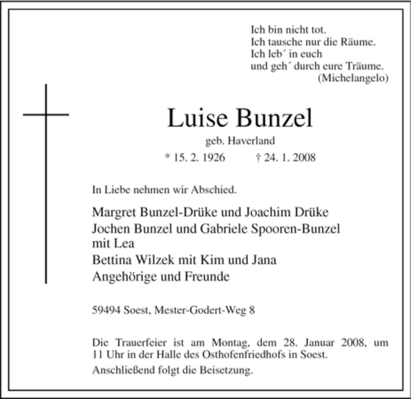  Traueranzeige für Luise Bunzel vom 25.01.2008 aus Tageszeitung